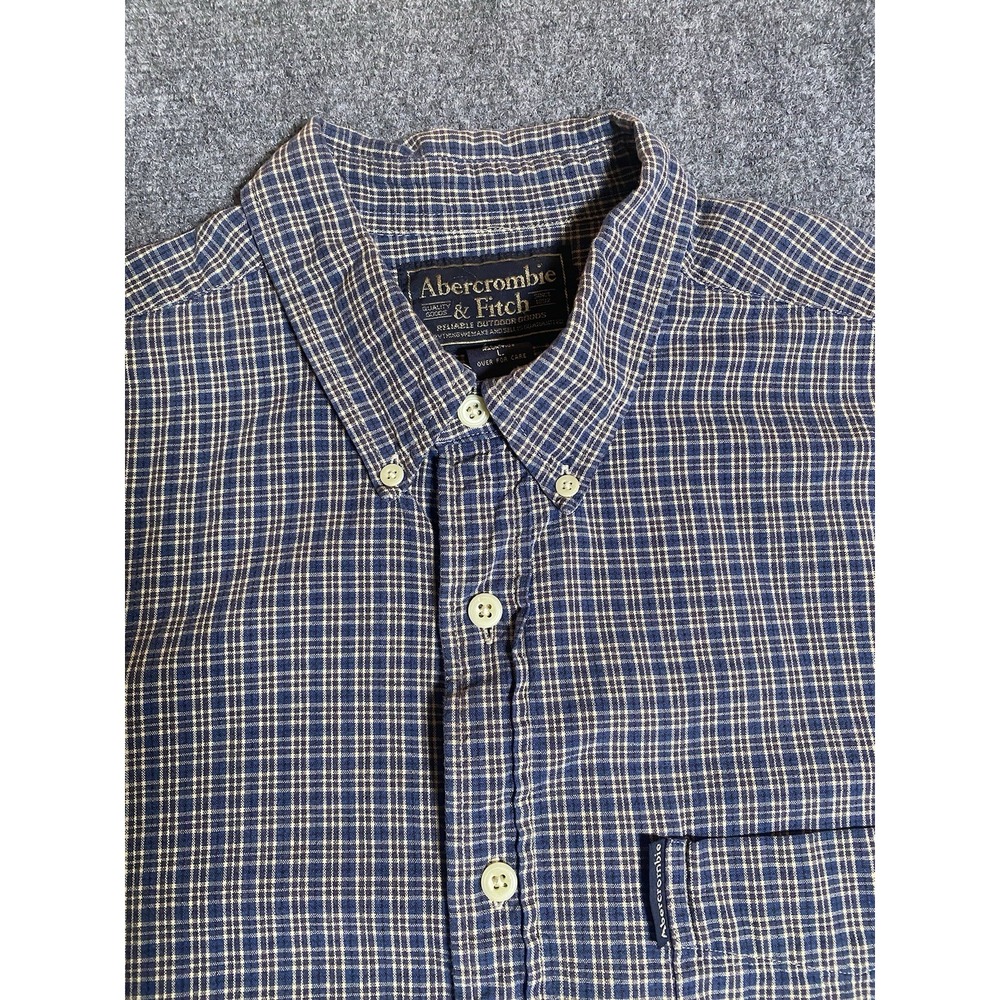 Abercrombie Fitch Mens L Short Sleeve Button Up Shirt Blue Gray Plaid Classic